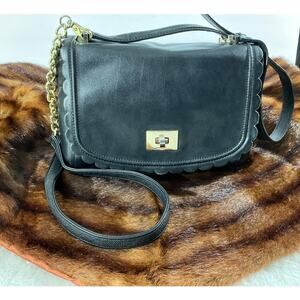 Kate Spade Black Leather Scalloped Flap Crossbody 2 Straps Gold Turn Lock